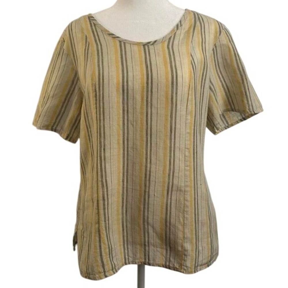 FLAX Linen‎ Top Casual Small Yellow Striped Boho Minimal Summer